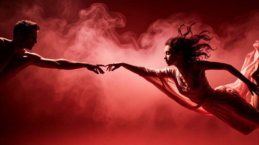 Two figures reaching toward each other in a red-toned XReverie campaign