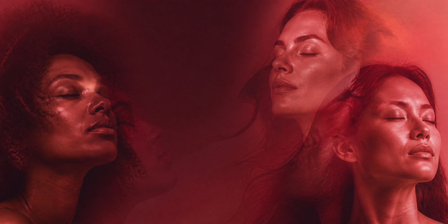 Three adults pausing in a calm red-toned XReverie campaign